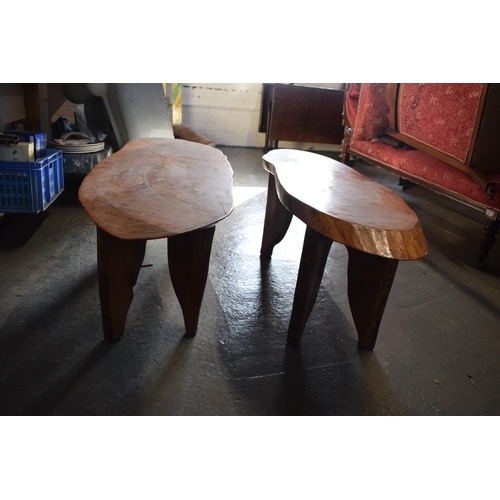 305 - Mid 20th century single plank coffee tables (2). One has had a leg reglued. A little rickety. 114 x3... 