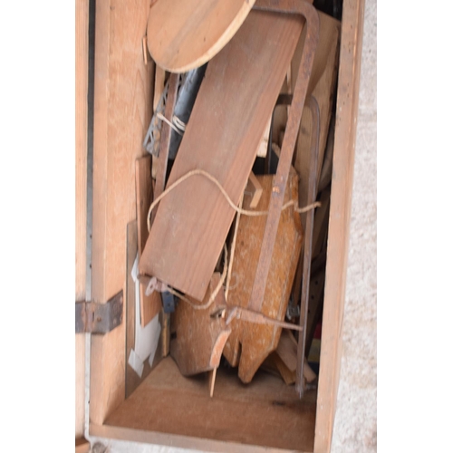 310 - Edwardian pine chest with contents to include wood, tools, parts of toys etc. Signs of old worm. 83 ... 