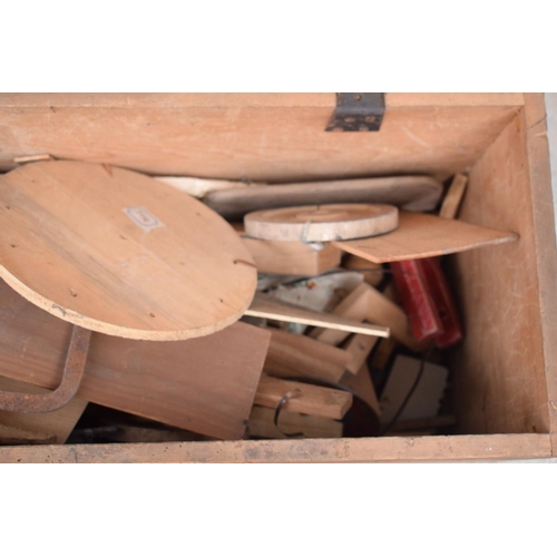 310 - Edwardian pine chest with contents to include wood, tools, parts of toys etc. Signs of old worm. 83 ... 