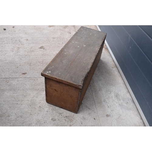 310 - Edwardian pine chest with contents to include wood, tools, parts of toys etc. Signs of old worm. 83 ... 