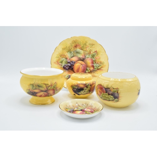 58 - A collection of Aynsley Orchard Gold items to include a plate, dish, lidded pot and 2 sweet dishes (... 