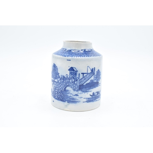 61 - 19th century blue and white cylindrical tea caddy without a lid. In good condition with no obvious d... 