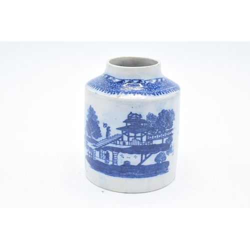 61 - 19th century blue and white cylindrical tea caddy without a lid. In good condition with no obvious d... 