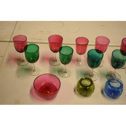 5R - A collection of various coloured 20th glass to include wine glasses of different sizes, bowls etc (s... 