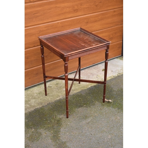 327 - Square Edwardian occasional table. Showing signs of wear and tear. 51 x 51 x 69cm.