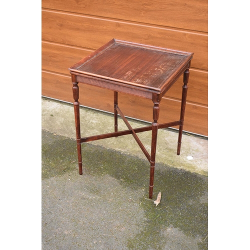 327 - Square Edwardian occasional table. Showing signs of wear and tear. 51 x 51 x 69cm.