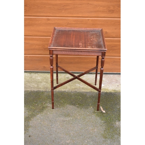 327 - Square Edwardian occasional table. Showing signs of wear and tear. 51 x 51 x 69cm.