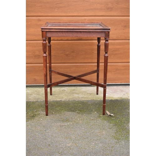 327 - Square Edwardian occasional table. Showing signs of wear and tear. 51 x 51 x 69cm.