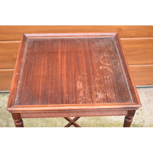 327 - Square Edwardian occasional table. Showing signs of wear and tear. 51 x 51 x 69cm.