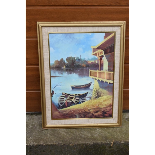 5O - Framed oil painting of a lakeside scene, signed.