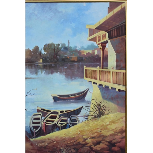 5O - Framed oil painting of a lakeside scene, signed.