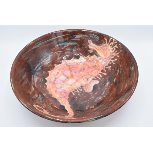 107 - Lise B Moorcroft hand thrown large bowl decorated with a seahorse on the interior and shells on the ... 