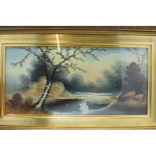 108 - Victorian hand painted tile in later frame: Riverscape with swan, measures 40cm x 24cm including fra... 