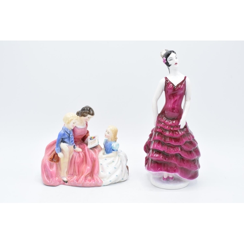 120 - Royal Doulton figure Bedtime Story HN2059 and a Coalport lady figure in a purple dress (2). In good ... 