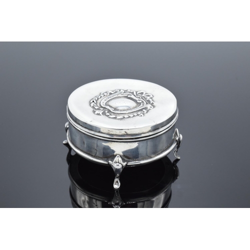 207 - A velvet-lined silver trinket box raised on 4 legs. Birmingham 1910. Gross weight 53.8 grams. Some d... 