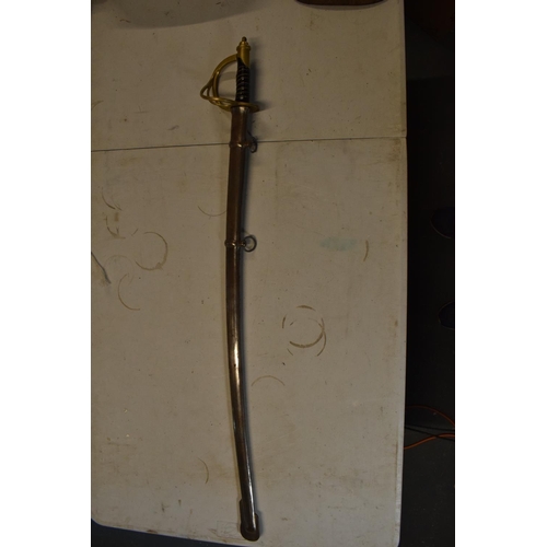 240 - A reproduction sword in the style of a 19th century military sword. 109cm in length with metal sheaf... 