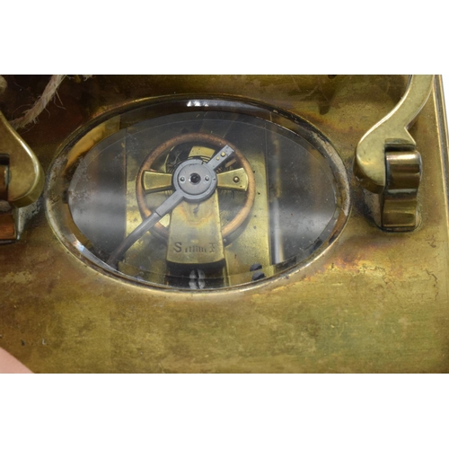 241 - 19th century brass carriage clock with an enamel face and a single train movement in a leather trave... 