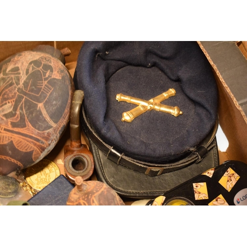 242 - Collection of interesting items military pipes coins etc: Two military / naval style felt hats with ... 