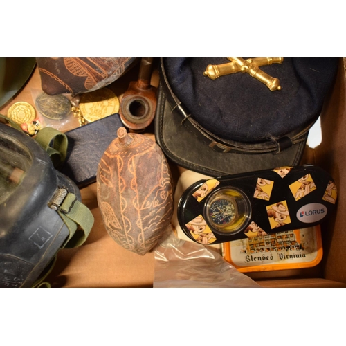 242 - Collection of interesting items military pipes coins etc: Two military / naval style felt hats with ... 