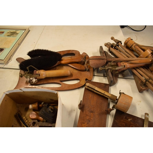 246 - A mixed collection of antique and vintage wooden items to include a trouser press, tools, chopping b... 