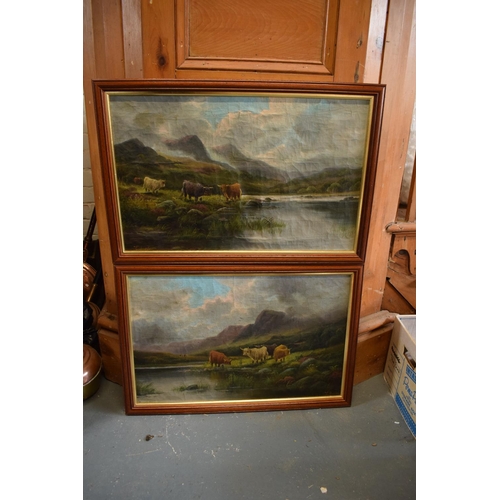 269 - A pair of oils on canvases depicting highland cattle amongst mountainous scenes both signed by E Hea... 