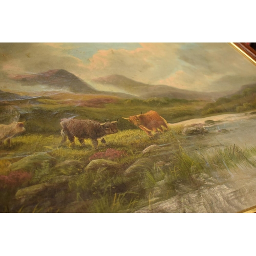 269 - A pair of oils on canvases depicting highland cattle amongst mountainous scenes both signed by E Hea... 