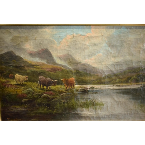 269 - A pair of oils on canvases depicting highland cattle amongst mountainous scenes both signed by E Hea... 