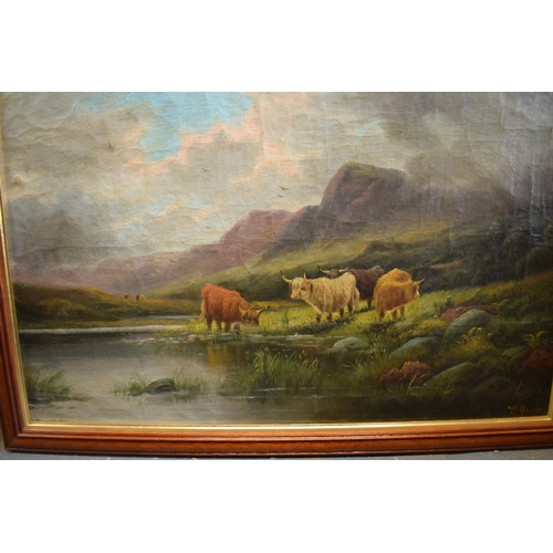 269 - A pair of oils on canvases depicting highland cattle amongst mountainous scenes both signed by E Hea... 