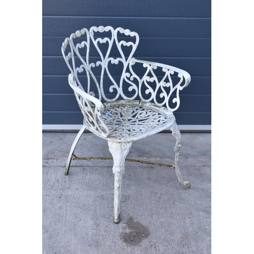 281 - A painted white metal garden chair with a English design back. 81cm tall