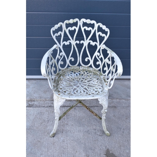 281 - A painted white metal garden chair with a English design back. 81cm tall