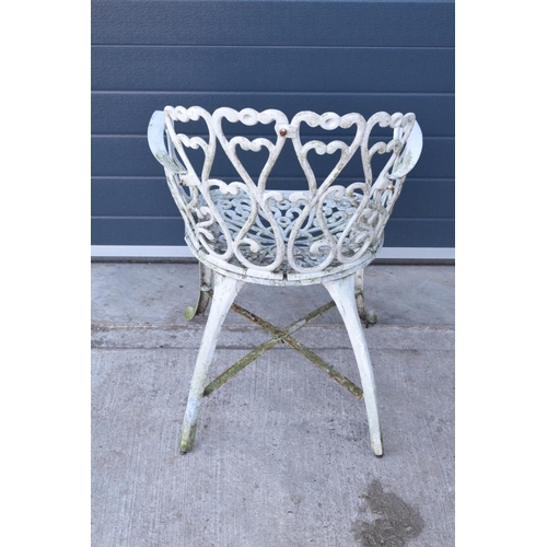 281 - A painted white metal garden chair with a English design back. 81cm tall