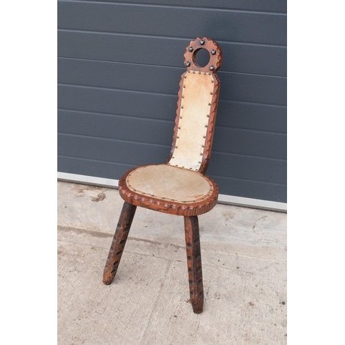 301 - 20th century wooden chair with three legs upholstered with cows hair style fabric. Unusual piece in ... 