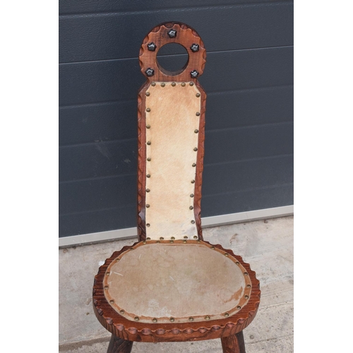 301 - 20th century wooden chair with three legs upholstered with cows hair style fabric. Unusual piece in ... 