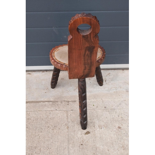 301 - 20th century wooden chair with three legs upholstered with cows hair style fabric. Unusual piece in ... 