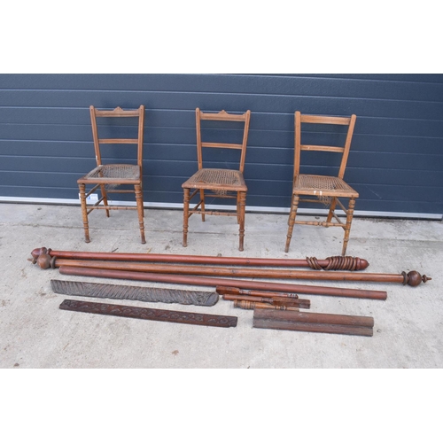 315 - A mixed collection of antique and vintage wooden items to include 3 rush-seated style chairs in need... 