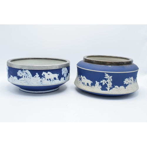 46 - Large Adams of Tunstall blue jasperware bowls both with silver plate/ metal rims (2).  In good condi... 