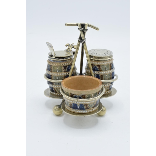 90 - Doulton Lambeth three-piece stoneware cruet set with a silver plated stand with marks to base, 'AS' ... 