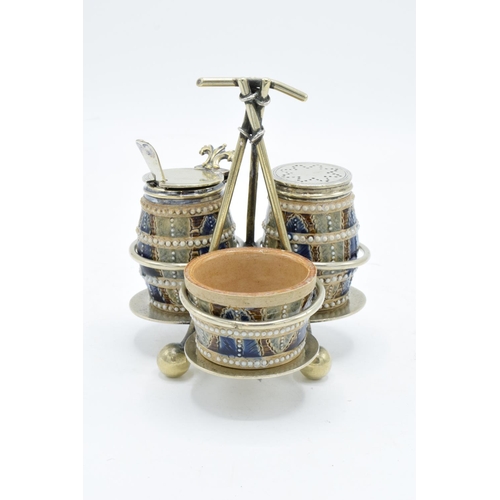 90 - Doulton Lambeth three-piece stoneware cruet set with a silver plated stand with marks to base, 'AS' ... 