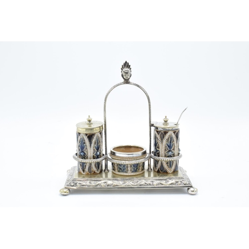 91 - Doutlon Lambeth 3 piece stoneware cruet set with a silver plated stand, circa 1876 with marks to bas... 