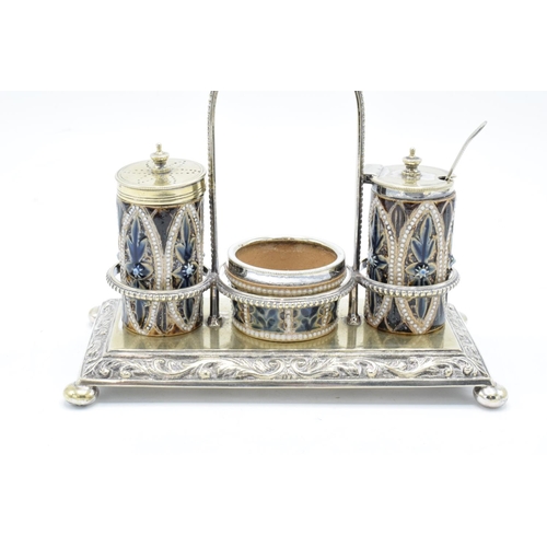 91 - Doutlon Lambeth 3 piece stoneware cruet set with a silver plated stand, circa 1876 with marks to bas... 