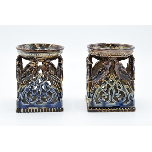 95 - A near pair of Doulton Lambeth table salts with a bird design, circa 1876 with marks to base. In goo... 