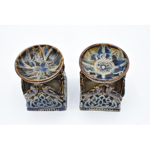 95 - A near pair of Doulton Lambeth table salts with a bird design, circa 1876 with marks to base. In goo... 