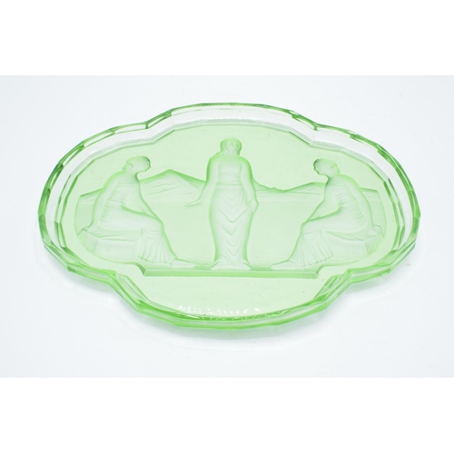 189 - Art Deco green glass dressing table tray depicting maidens.