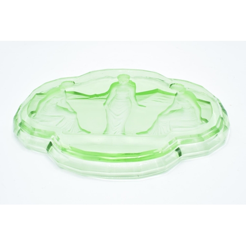 189 - Art Deco green glass dressing table tray depicting maidens.