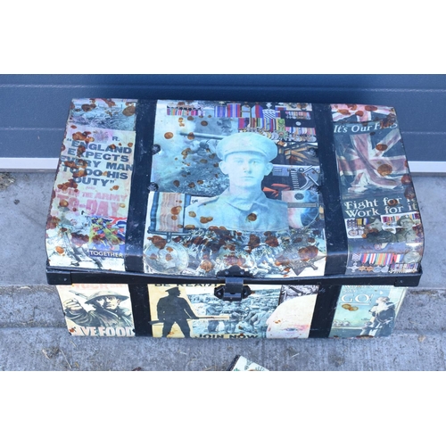 173 - A collection of items decorated with a decoupage/ scraps finish to include a large trunk, a tin and ... 