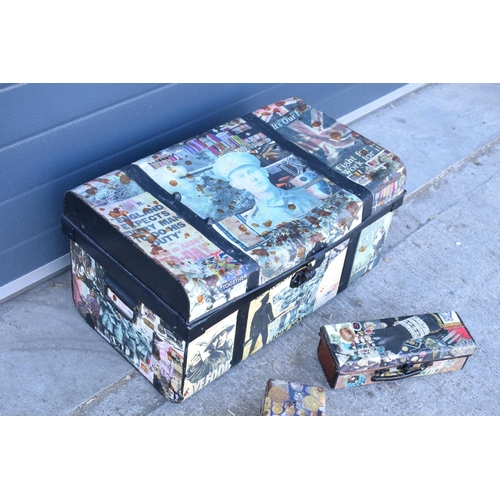 173 - A collection of items decorated with a decoupage/ scraps finish to include a large trunk, a tin and ... 