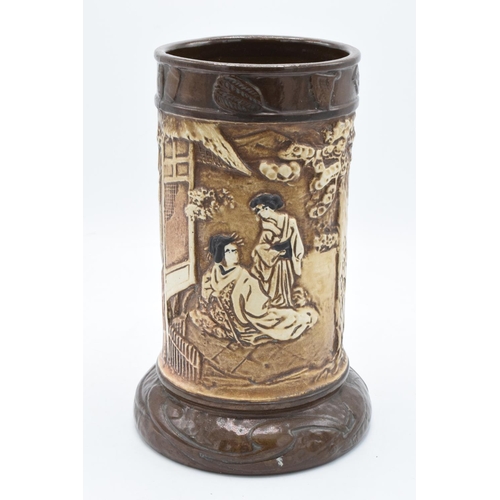 180 - Bretby Pottery large vase in a brown glaze with oriental scenes. Generally it is in alright conditio... 