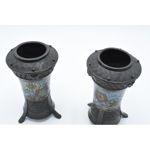 183 - A pair of art-nouveau metal vases each on tri-legs with cloisonné style decoration. Signs of wear an... 