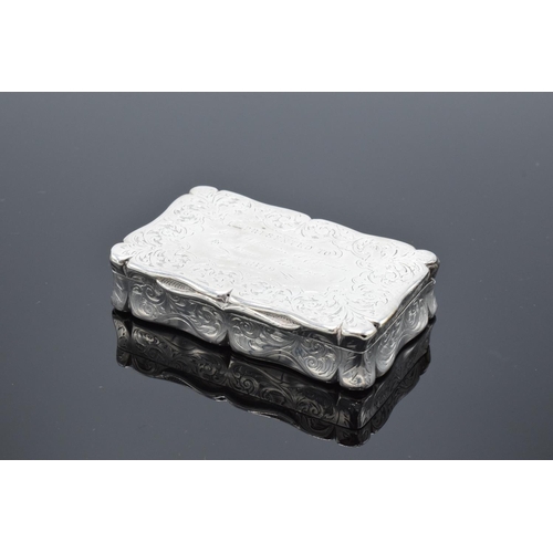 237 - Silver snuff box (Birmingham 1843) (60.5 grams). Hinge needs attention. Also a section of the lid mi... 