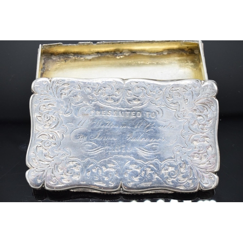 237 - Silver snuff box (Birmingham 1843) (60.5 grams). Hinge needs attention. Also a section of the lid mi... 